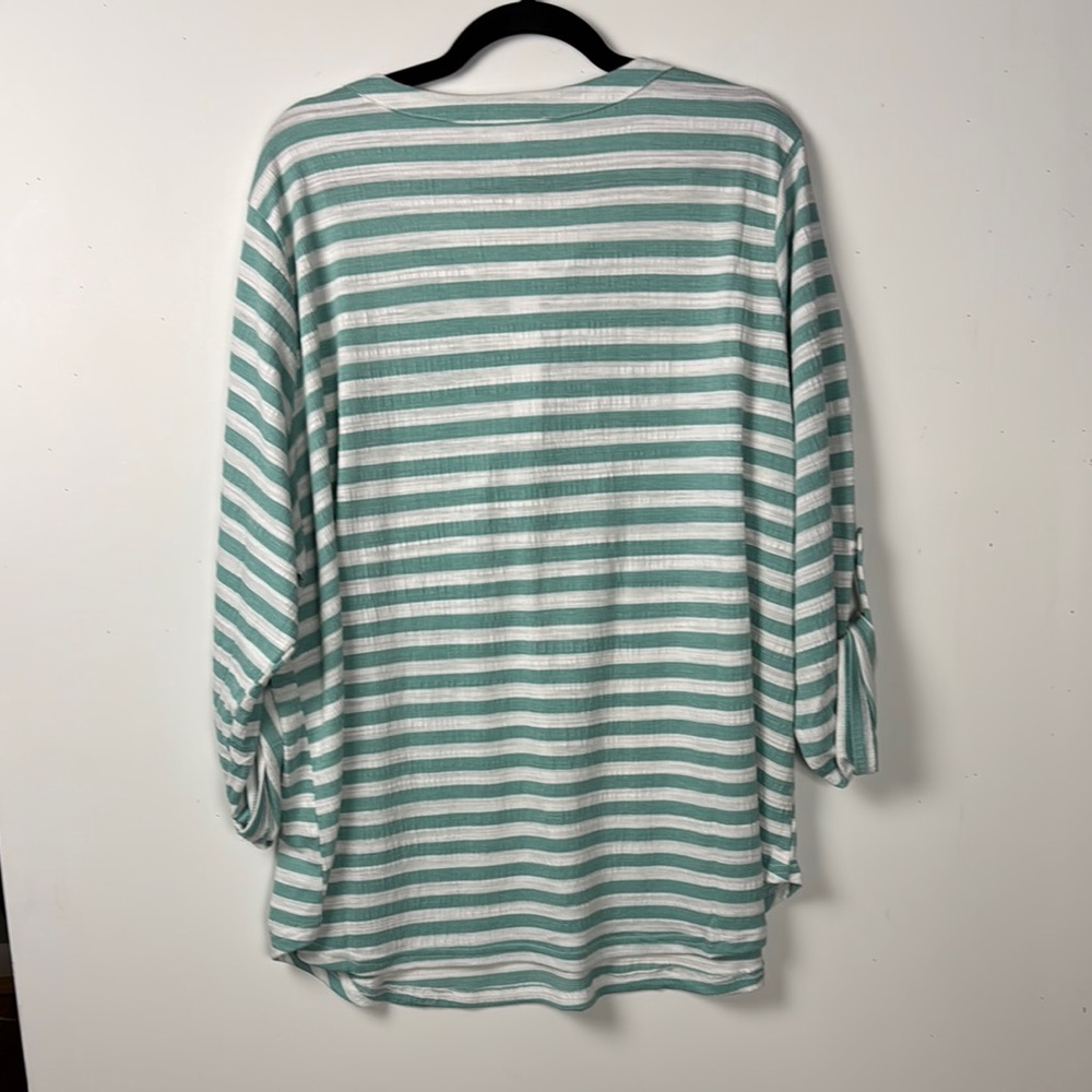 JANE + DELANCEY NWT SZ 2X GREEN/White Striped Tunic ROLL UP SLEEVES BUTTON FRONT - Picture 6 of 11